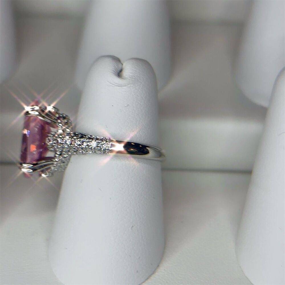 Pink Solitaire Gemstone Ring w/ Clear Accents Silver Plated Engagement size 6 - Picture 7 of 10
